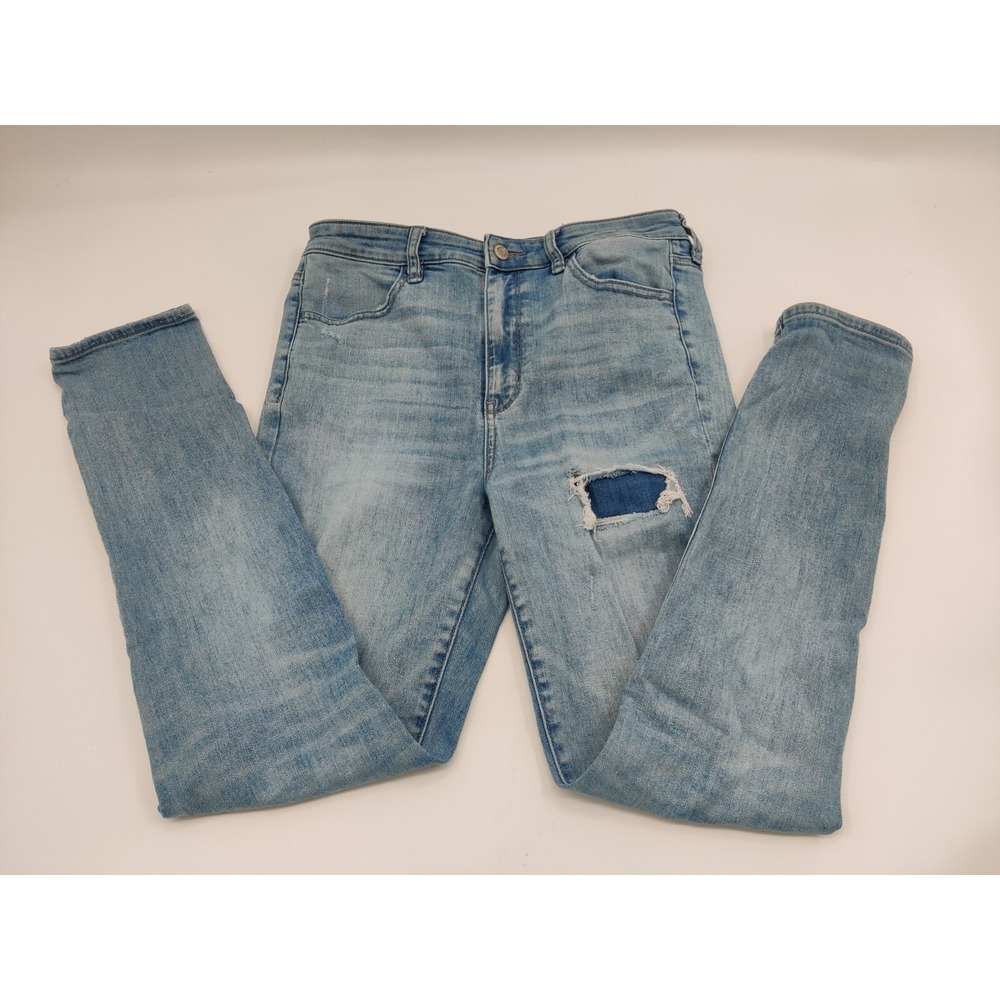 American Eagle Super Hi-Rise Jegging Light Wash Distressed Patch Jeans Size 10